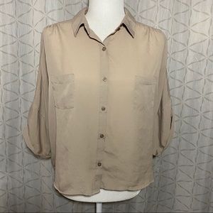 F21 Khaki Flowy Semi Sheer Collar Blouse Size LG